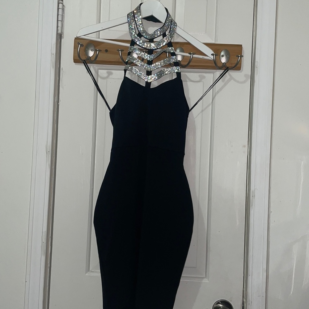 AGACI Rhinestone/Crystal Cage Black Mini Dress
